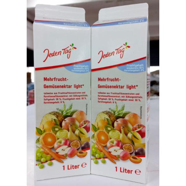 Jeden Tag Apfelsaft (Яблуко) 1 L, Jeden Tag Mehrfrucht (Мультивітамін) 1 L, Jeden Tag Tortilla Kase (Сир) 300 g, Jeden Tag Toptilla Salz (Сіль) 300 g, Jeden Tag Toptilla Chili (Перець Чилі) 300 g, Jeden Tag Apfelnektar 1,5 L, Jeden Tag Orangennektar (Апельсин) 1,5 L, Jeden Tag Schokokeks 125 g, Jeden Tag Hagebutte Hibiskus 25 3,5 g, Jeden Tag Fruchte 25 3 g, Jeden Tag Fenchel (Фенхель), 25 tea bags 50 g, Jeden Tag Pfefferminze (М'ята перцева), 25 tea bags 56,25 g, Jeden Tag Schwarzer Tee 25 1,75 g, Jeden Tag Kamille 1,5 g, Jeden Tag Schoko 200 g, Jeden Tag Nuss 200 g, Jeden Tag Schokokeks Vollmilch 125 g